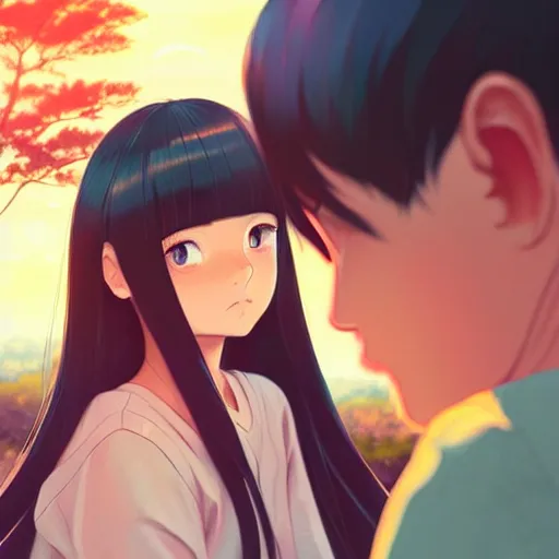 Prompt: a beautiful girl with long dark hair, sitting in the park next to a young boy who has dark hair, sunset, evening, sharp focus, intricate, digital painting, artstation, official media, anime key visual, highly detailed, rich vivid colors, ambient lighting, illustration, art by Artgerm, Makoto Shinkai, Ilya Kuvshinov, Lois Van Baarle, and Rossdraws
