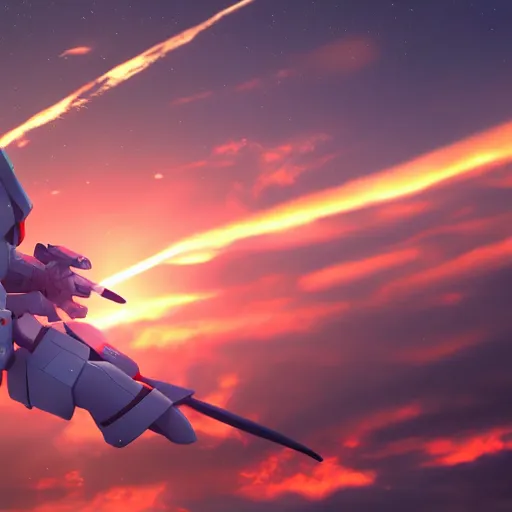 Image similar to 3 d render of a gundam, cinematic lighting, superb resolution, sunset, dreamy