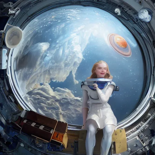 Prompt: sargent and leyendecker and peter paul rubens, head and shoulders portrait of a elle fanning in space, stephen bliss, unreal engine, fantasy art by global illumination, radiant light, detailed and intricate environment