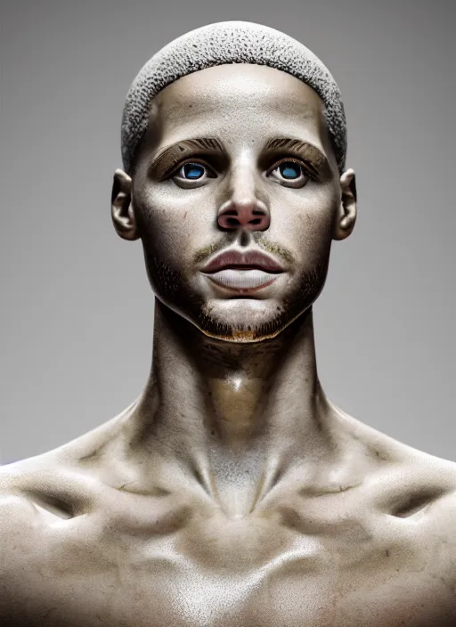 Prompt: a statue made of white marble with gold veins, of steph curry with water, transhumanism, full body shot, perfect symmetrical body, perfect symmetrical face, hyper realistic, hyper detailed, by johannen voss, by peter kemp, by monia merlo, by michelangelo, octane render, blender, 8 k