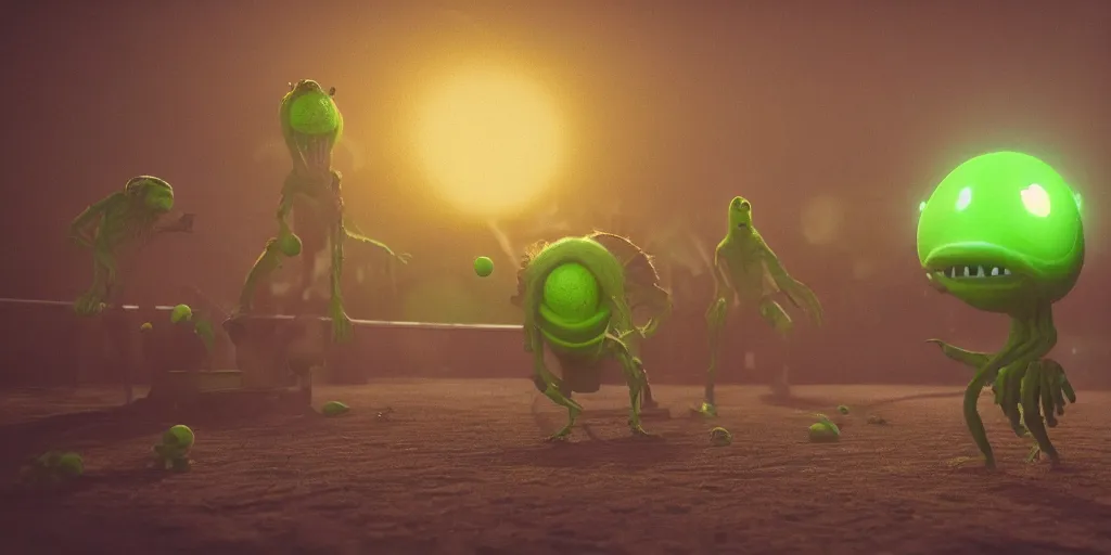 Prompt: a photo of 8 k ultra realistic tennis ball monster, tennis ball monsters, alien exotic, cinematic lighting, trending on artstation, 4 k, hyperrealistic, focused, high details, unreal engine 5, cinematic, alien planet atmosphere in background, 3 d render by beeple and basil gogos