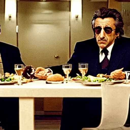 Image similar to movie still of the dinner scene in Heat, rendering of al pacino and robert de niro as old men, cinematic,