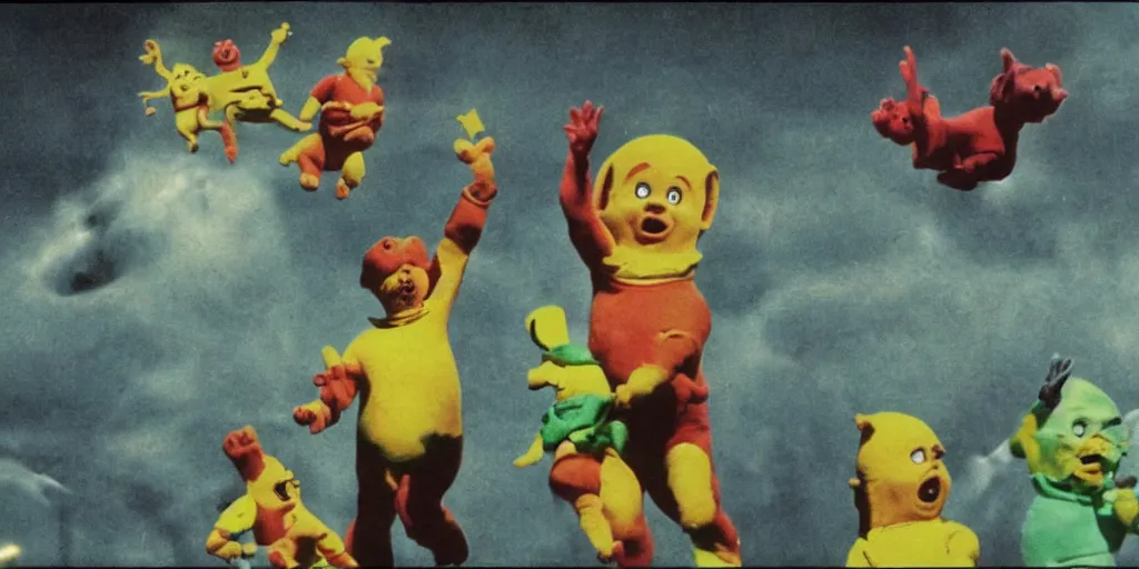 Prompt: the nuclear apocalypse as portrayed by tellytubbies