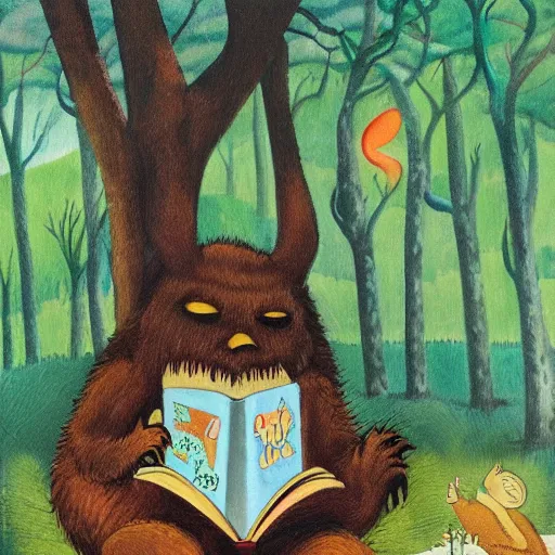 Image similar to monster reading a book in a forest, where the wild things are, bicycle nearby, oil on canvas, calm, maurice sendak