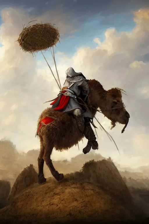 Image similar to ezio audotire plunging from the sky into a haystack, background with some dromedaries, digital art, trending on artstation