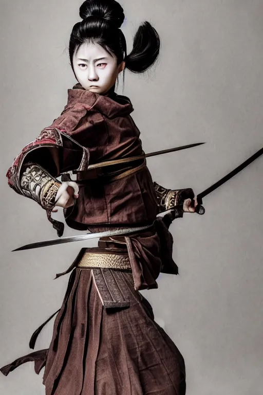 Prompt: highly detailed beautiful photo of a young female samurai, practising sword stances, symmetrical face, beautiful eyes, realistic anime art style, 8 k, award winning photo, pastels colours, action photography, 1 / 1 2 5 shutter speed, dramatic lighting