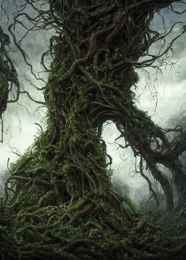Prompt: a highly detailed matte painting of a man merging into a mass of vines, thorns, carnivorous plants, ominous, foreboding, moody, hyperdetailed, 8 k hd, concept art, artstation, deviantart, cg society,