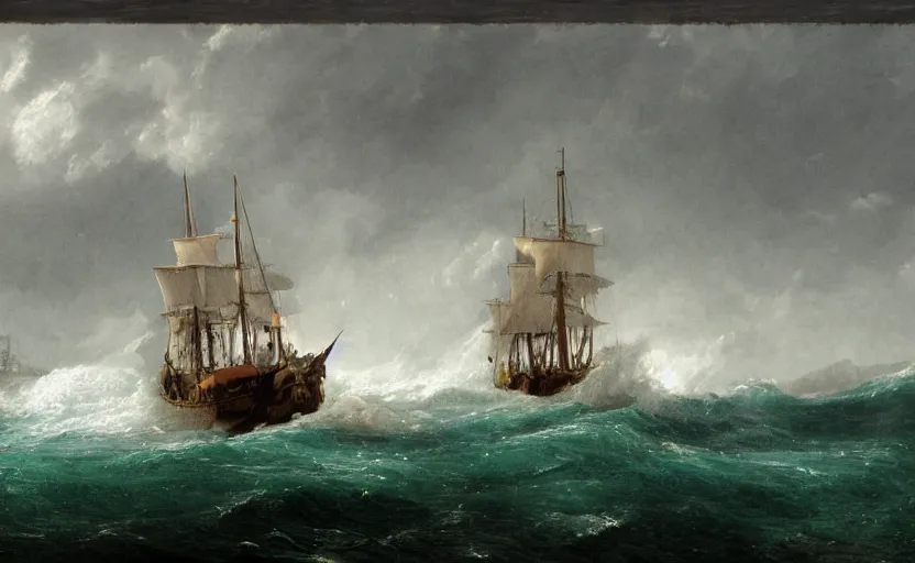 Image similar to middle of the ocean, large waves, large 1800s boat, no land, dark skies, close up shot, at dusk, 4k, rule of thirds, extreme detail, hazy, intricate ink illustration, surreal, surrealist, trending on artstation, cgsociety, hd, complimentary colours, realistic lighting, by Albert Bierstadt, Frederic Edwin Church.