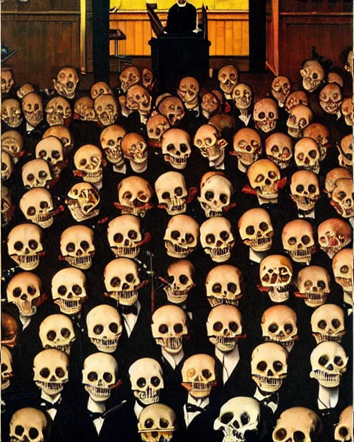 Image similar to oil geometric painting of skull skeletons singing in the choir by norman rockwell