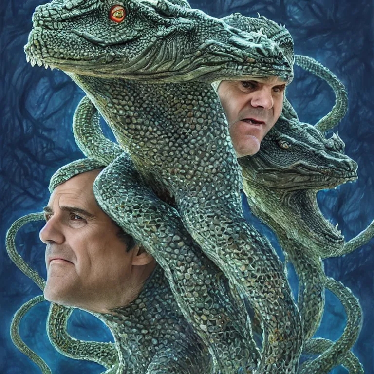 Prompt: hydra of lerna with two heads, one head is jim carey as lloyd christmas, the other head is jeff daniels as harry dunne ( from dumb and dumber ), serpentine water monster, d & d, fantasy, portrait, highly detailed, digital painting, trending on artstation, concept art, sharp focus, illustration, art by artgerm and craig mullins