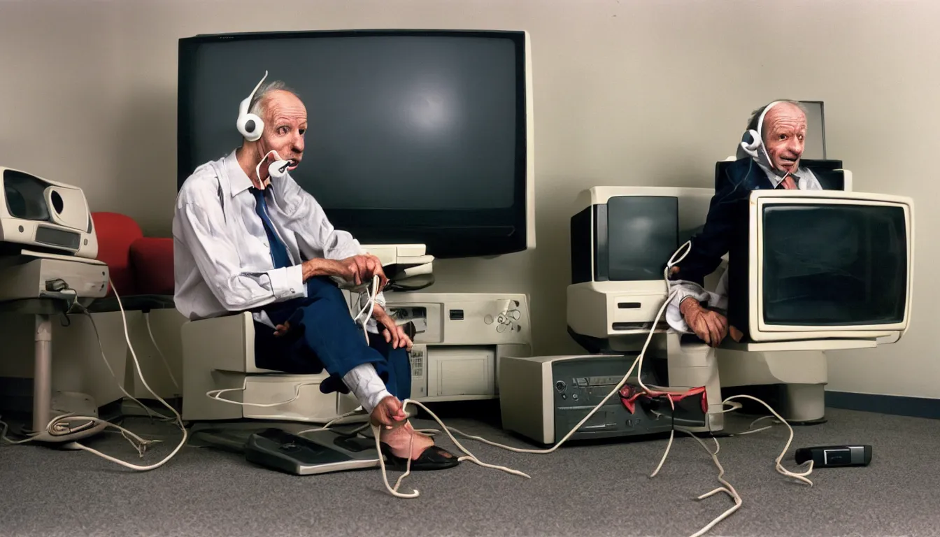 Prompt: In an call centre office, A skinny old Man with a old television strapped to his back ,flexible industrial pipes join his ears and mouth to the television, fibres trial on the floor , full colour ,4k ,Kodak portra 400