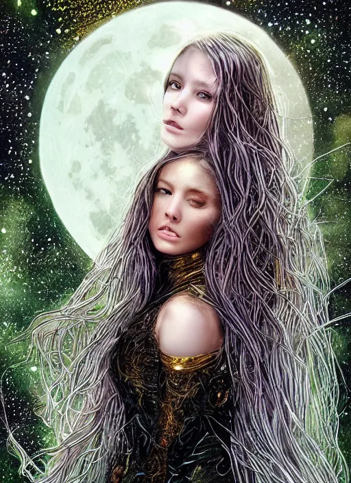 Image similar to glowing silver and golden elements, full close-up portrait, young female face model as a dark witch in front of the full big moon, book cover, green forest, red white black colors, establishing shot, extremly high detail, photo-realistic, cinematic lighting, pen and ink, intricate line drawings, by Yoshitaka Amano, Ruan Jia, Kentaro Miura, Artgerm, post processed, concept art, artstation, matte painting, style by eddie, raphael lacoste, alex ross