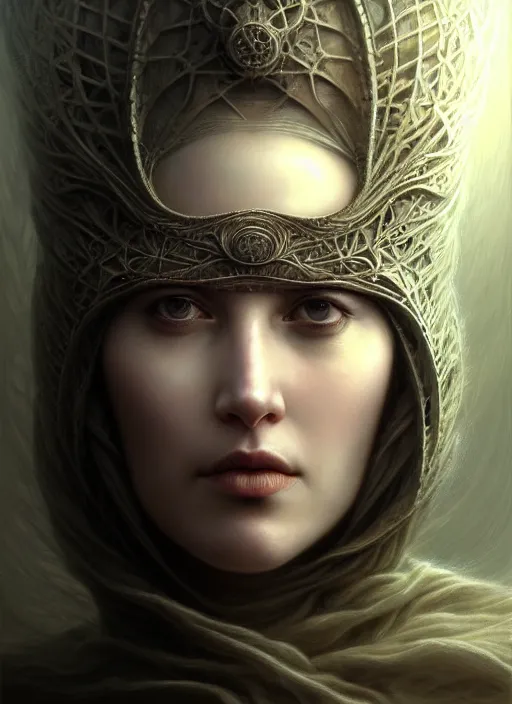 Image similar to closeup portrait shot of a pale woman with blindfold in a scenic dystopian environment, intricate, elegant, highly detailed, centered, digital painting, artstation, concept art, smooth, sharp focus, illustration, artgerm, tomasz alen kopera, peter mohrbacher, donato giancola, joseph christian leyendecker, wlop, boris vallejo