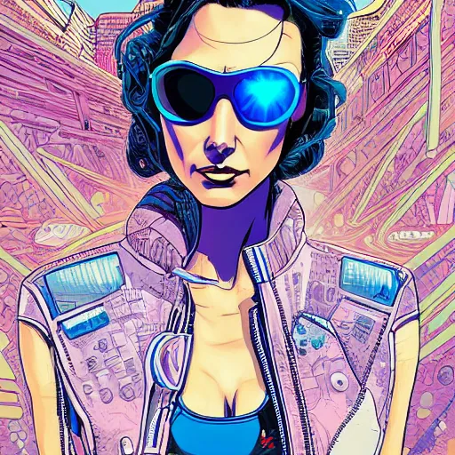 Prompt: hyper detailed comic illustration of a cyberpunk Gal Gadot wearing a futuristic sunglasses and a gorpcore jacket, markings on his face, by Josan Gonzalez and Geof Darrow, intricate details, vibrant, solid background, low angle fish eye lens