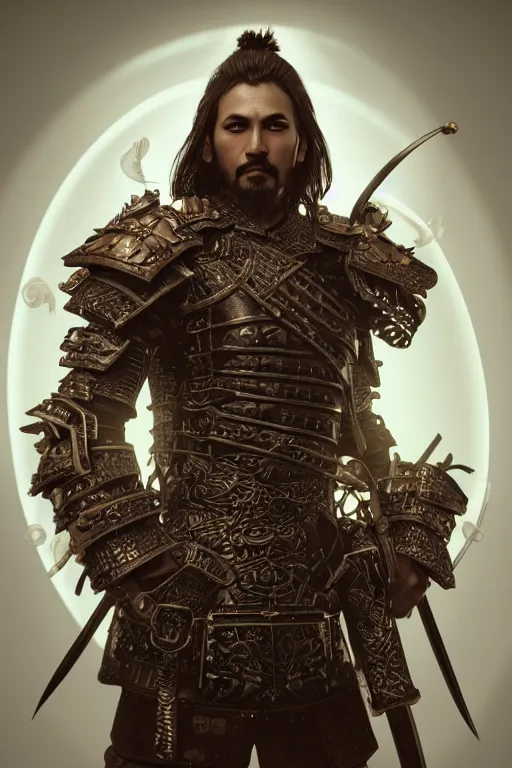 Image similar to a centered render of a majestic post apocalyptic samurai warrior wearing armour and leather clothing surrounded by bio - luminescent jellyfish and sacred geometry, cinematic, beautifully lit, by artgerm, by donato giancola, by viktoria gavrilenko 3 d, trending on artstation, octane render, 8 k