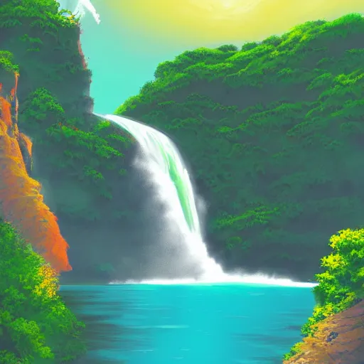 Image similar to beautiful painting of cliffs with waterfall, lake at the bottom of the waterfall, sunset windy evening, studio ghibli, highly detailed digital art