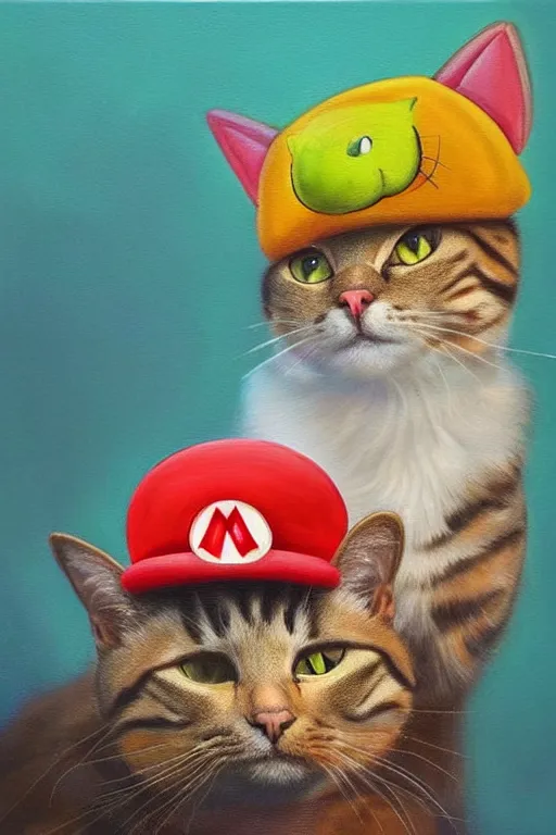 Prompt: A beautiful oil painting of a Cat wearing a Super Mario Hat, intricate, volumetric lighting, summer, hyperrealistic, colorful, hyperdetailed.