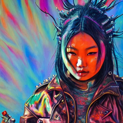 Prompt: a portrait of asian girl an apocalyptic orcish biker character standing in a dynamic pose, psychedelic vibrant colors, punk rock fashion, oil painting by michael whelan art, sharp focus, detailed eyes, realistic, studded leather jacket, 8 k