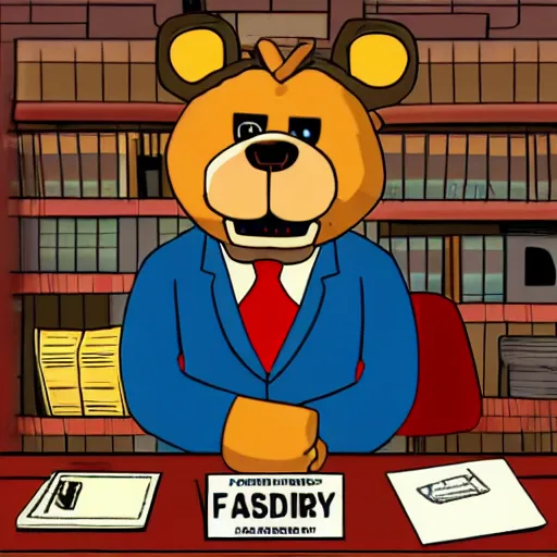 Image similar to Freddy Fazbear running for president, sitting at the presidents desk