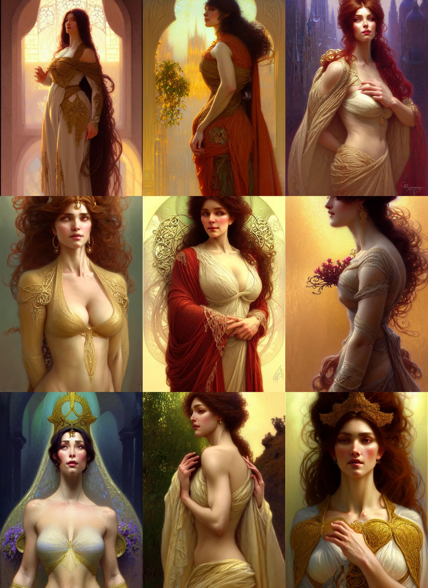 Prompt: character concept portrait of me as modest wife blessed by god to grow ever more intelligent beautiful voluminous muscular tall and virtuous. modestly clothed, intricate, elegant, highly detailed, digital painting, artstation, concept art, symmetry, smooth, sharp focus, illustration, art by gaston bussiere and alphone mucha