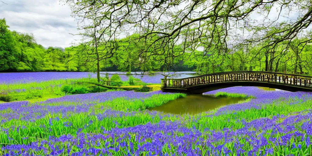 Prompt: a park filled with bluebell flowers, containing a lake crossed by a big beautiful bridge, scenery wallpaper