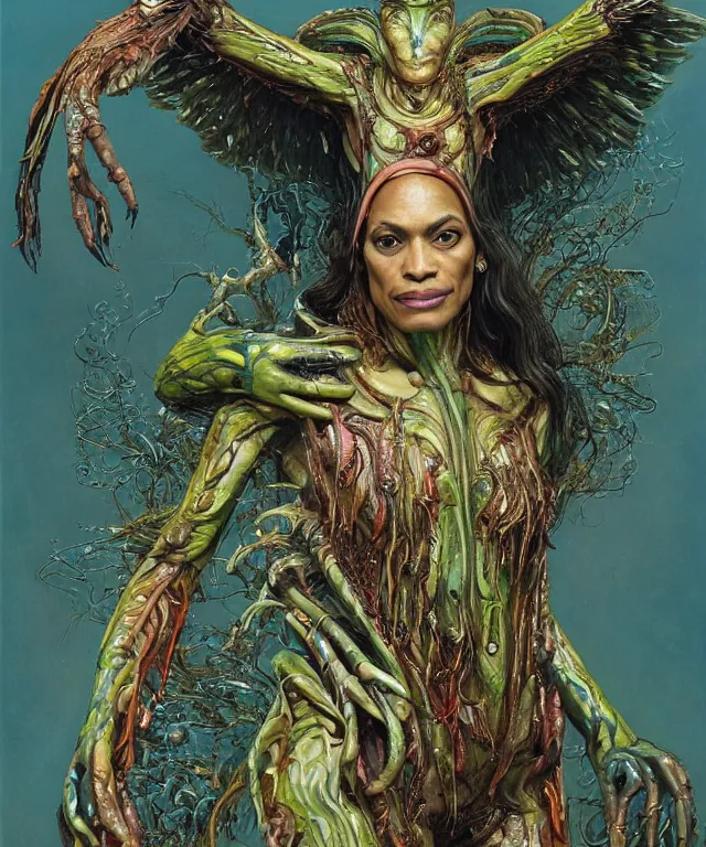 Prompt: a portrait photograph of rosario dawson as a strong alien harpy queen with amphibian skin. she is dressed in a colorful slimy organic membrane catsuit and transforming into an bird with an armored exoskeleton. by donato giancola, walton ford, ernst haeckel, peter mohrbacher, hr giger. 8 k, cgsociety, fashion editorial