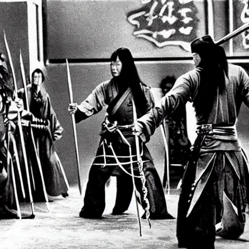 Image similar to Wuxia movie, kung fu movie, yokai, glam metal hair, demon man, Jiang sword 1977, cinematic