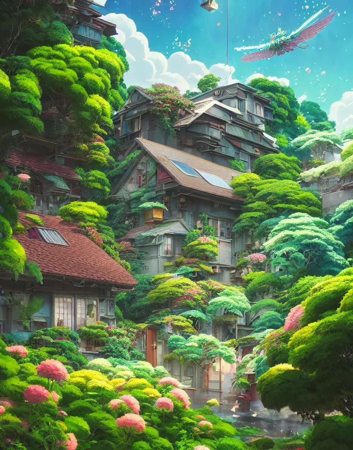 Prompt: STUDIO GHIBLI, flowery cottage,in a flying city, solar, green technology, optimist future by Asher Durand, intricate artwork by Tooth Wu and wlop and beeple and dan mumford and greg rutkowski and nekroxiii. halo. octane render, cinematic, hyper realism, octane render, 8k, depth of field, bokeh. iridescent accents. vibrant.