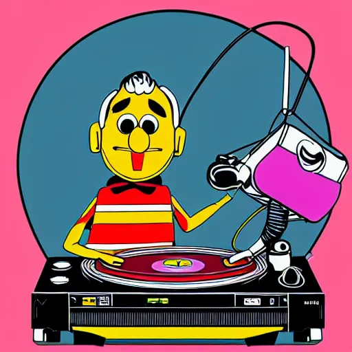 Image similar to svg sticker of a Pop-Wonder Bert&Ernie, Sesame-Street, at a rave, spinning records, giant headphones rocking out, wearing headphones, huge speakers, dancing, rave, DJ, spinning records, digital art, amazing composition, rule-of-thirds, award-winning, trending on artstation, featured on deviantart