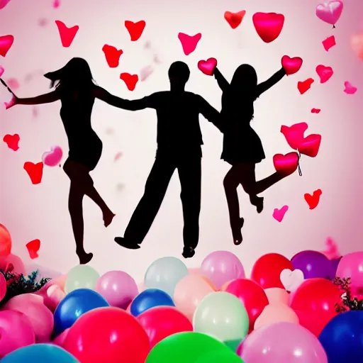 Image similar to silhouette of young women at a party with balloons and lots of hearts floating in the air