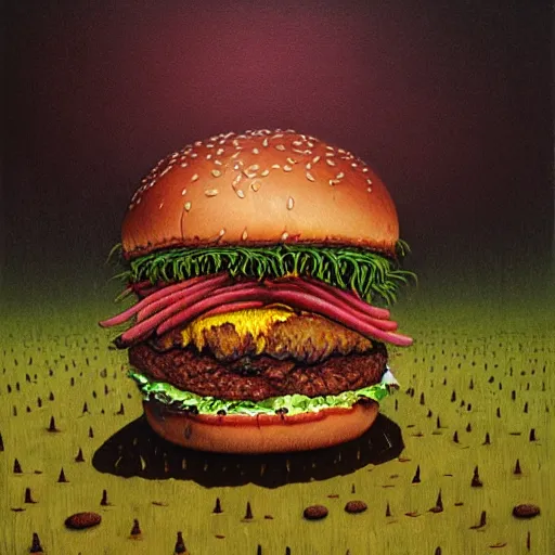 Image similar to a hyperrealistic painting of a burger filled with alien plants and disturbing meat, by john kenn mortensen and zdzislaw beksinski, highly detailed, vivid color,