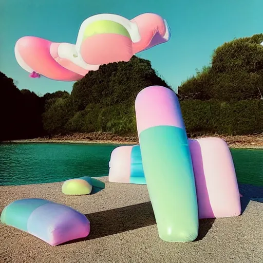 Prompt: a pastel colour high fidelity wide angle Polaroid art photo from a holiday album at a seaside with abstract inflatable parachute furniture, all objects made of transparent iridescent Perspex and metallic silver, a festival happens far in the distance, iridescence, nostalgic