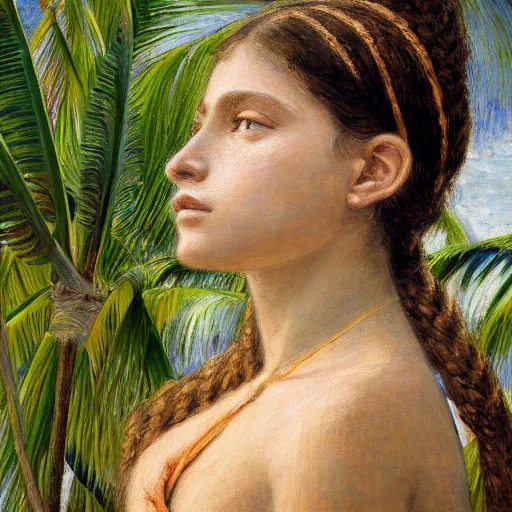 Image similar to a ultradetailed beautiful painting of a girl in the amazonas palace balustrade designed by jules bastien - lepage, tarsila do amaral, frank weston and gustave baumann, beach, trending on artstation, mediterranean, palm trees, hyper detailed face, sharp focus, soft light, 8 k 4 k