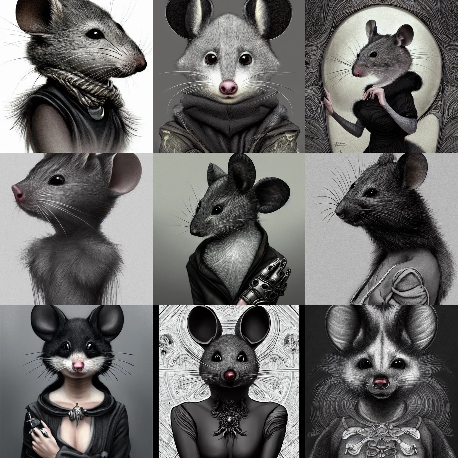 Prompt: a photograpic portrait of a anthropomorphic grey mouse wearing black clothes, black hair, grey skin, grey mouse ears, furry character, fursona, fantasy, intricate, elegant, highly detailed, digital painting, artstation, smooth, sharp focus, illustration, art by artgerm and H R Giger and alphonse mucha