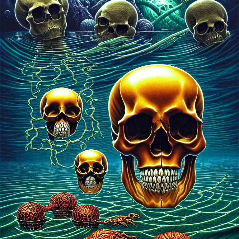 Image similar to a single skull in the sea by dan mumford and vladimir kush and donato giancola and ted withers and peter driben and brom and roberto ferri, glowing red skull, blue jellyfish, green water, highly detailed, high contrast, intricate details, blended palette