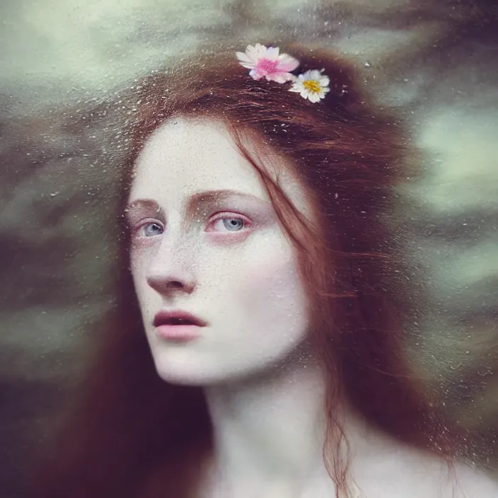 Image similar to Kodak Portra 400, 8K,ARTSTATION, Caroline Gariba, soft light, volumetric lighting, highly detailed, britt marling style 3/4 , extreme Close-up portrait photography of a beautiful woman how pre-Raphaelites,inspired by Ophelia paint, the face emerges from water of Pamukkale, hair are intricate with highly detailed realistic beautiful flowers , Realistic, Refined, Highly Detailed, interstellar outdoor soft pastel lighting colors scheme, outdoor fine art photography, Hyper realistic, photo realistic