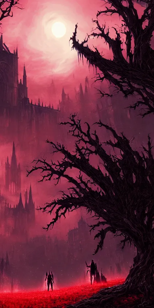 Image similar to populated bloodborne old valley with a obscure person at the centre and a ruined gothic city in the background, trees and stars in the background, falling red petals, epic red - orange moonlight, perfect lightning, wallpaper illustration by niko delort and kentaro miura, 4 k, ultra realistic