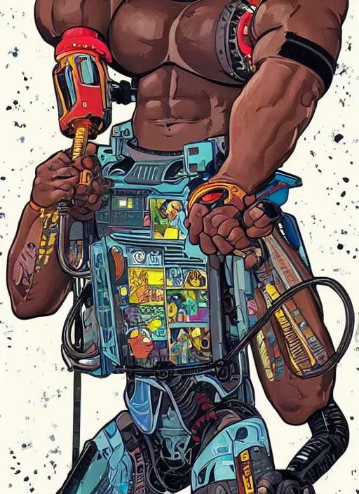 Image similar to chidi igwe. buff cyberpunk weight lifter. robotic arm. portrait illustration, pop art, splash painting, art by geof darrow, ashley wood, alphonse mucha, makoto shinkai ( apex legends )