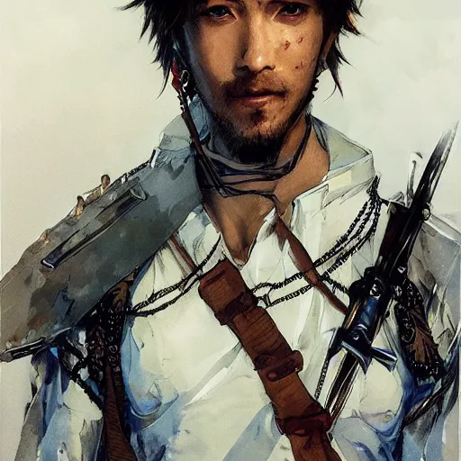 Image similar to portrait of a young white hero holding his sword next to his face covering his eye by yoji shinkawa, high quality, extra details, realism, ornate, colored, golden chain, blood, white skin, short hair, brown eyes, vivid, sunlight, dynamic, american man, freedom, white american soldier, painting