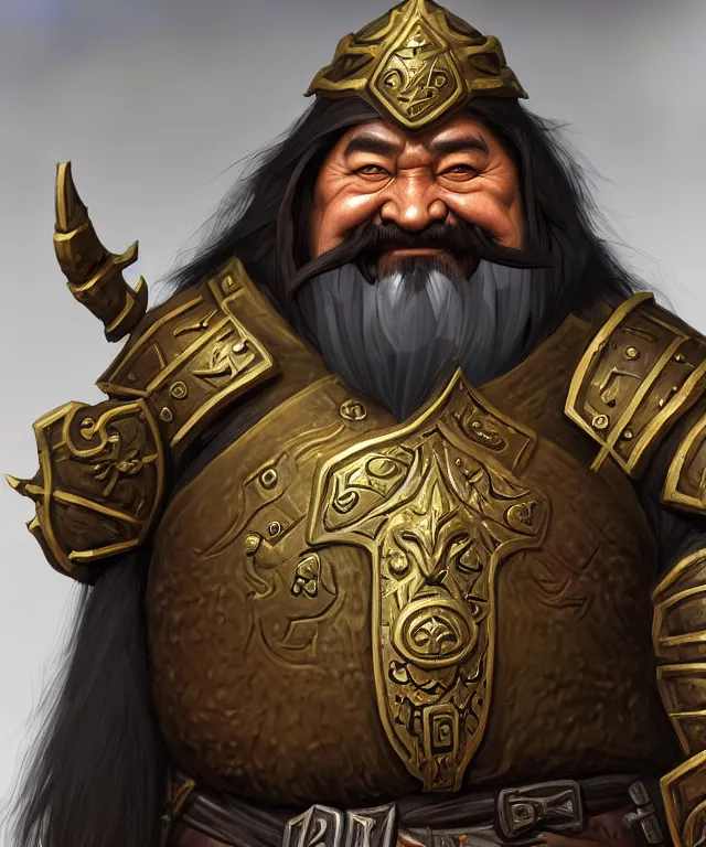 Image similar to 3D stylised render from zbrush of old mongolian dwarven general portrait, armored, face, long hair, moustache, goatee, fantasy, simplified, exaggerated, highly detailed, digital painting, artstation, concept art, smooth, sharp focus, illustration, art by artgerm and greg rutkowski and alphonse mucha, in style of wold of warcraft