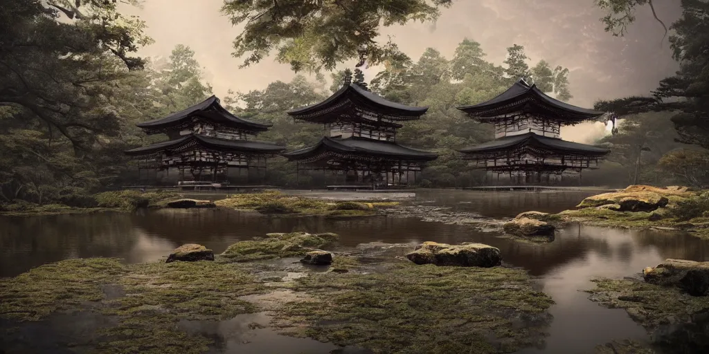 Prompt: an extremely detailed render of abandoned japanese temple in the woods with lake, volumetric lighting, sundown, stunning skies, by Greg Rutkowski, trending on Artstation, 8k, photorealistic, hyper detailed, unreal engine 5, gloomy, foggy, cinematic, epic lighting