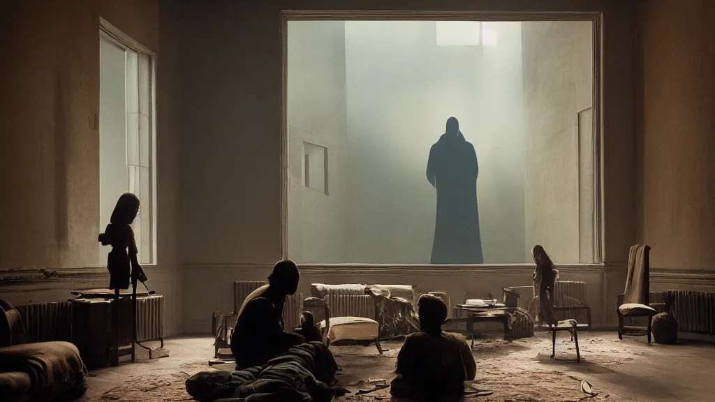 Prompt: people sit in the living room, a giant head watches them through a window, film still from the movie directed by Denis Villeneuve with art direction by Zdzisław Beksiński, wide lens