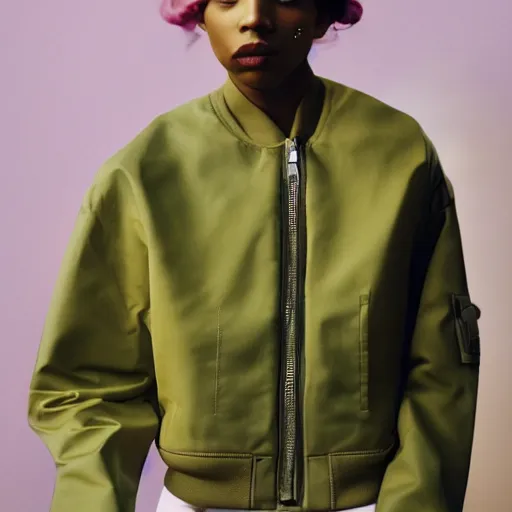 Image similar to realistic photoshooting for a new balenciaga lookbook, color film photography, portrait of a beautiful woman, model is wearing a workwear jacket, photo in style of tyler mitchell, 3 5 mm,