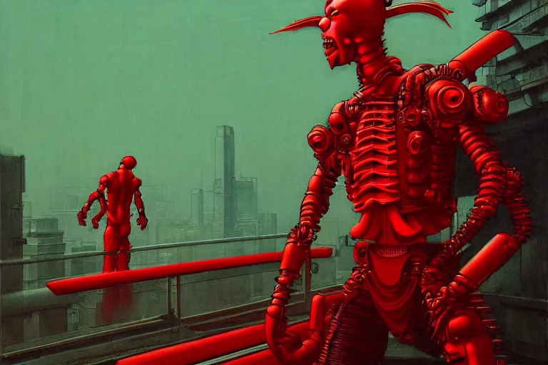 Image similar to only with red, a red cyborg samurai, tokio futuristic in background, some evil yokai fight, in the style of beksinski, parts by edward hopper, parts by rodcenko, parts by yue minjun, intricate and epic composition, red by caravaggio, insanely quality, highly detailed, masterpiece, red light, artstation, 4 k