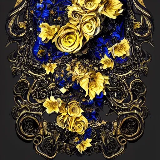 Image similar to black blue yellow porsche 9 1 1, complicated gold and blue flowers the baroque style decoration, dark fantasy, intricate, elegant, highly detailed, digital painting, artstation, concept art, matte, 3 d 8 k octane rendered, sharp focus, illustration, octane rendered, art by artgerm