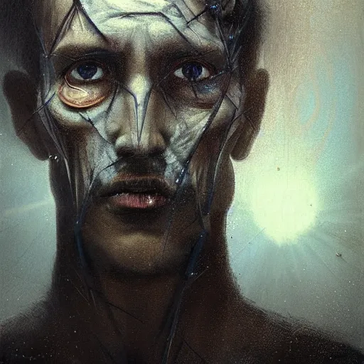 Image similar to surreal portrait of a man by Greg Rutkowski, symmetrical face, he is about 50 years old, short black hair with bangs, his features are a mix between French, Turkish and Russian, transformed into a kind of biomechanical transhuman god, blue glowing eyes, expression of epiphany and determination, cosmic void background, frightening, fascinating, highly detailed portrait, digital painting, book cover, artstation, concept art, smooth, sharp foccus ilustration, Artstation HQ