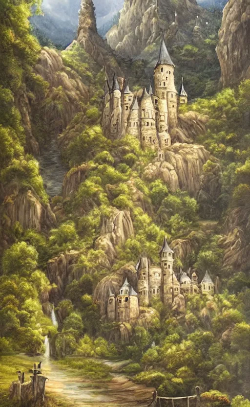Image similar to A fantasy painting of a castle in a deep valley, lots of detail