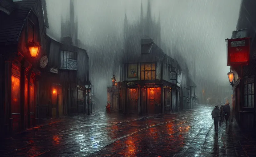 Image similar to extreme long shot concept art depicted rainy old england town, dramatic mood, cozy environment, inspired by legends of runeterra, trending on artstation, unreal engine