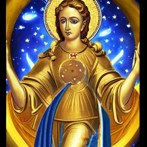 Prompt: Saint Woman, Venus, Athena, lighting, ornate, Sistina, robes, meander, marble, stars, gold, space, sun, sky