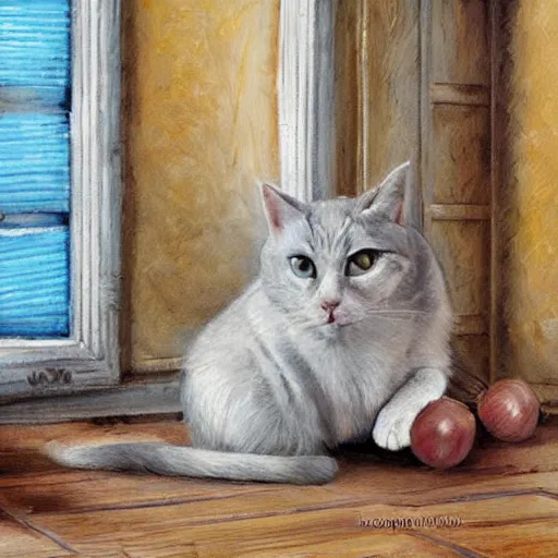 Image similar to very very very very beautiful photo of the cat sitting in provence style interior room, photorealism,